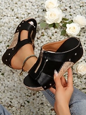 abordables Sandalias de cuña-Sandalias de cuña con remaches para mujer: zapatos de plataforma de corcho con punta abierta y cierre de cremallera para uso informal y de verano