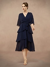 cheap Cocktail Dress-A-Line Mother of the Bride Dress Wedding Guest Elegant V Neck Floor Length Chiffon Half Sleeve with Bow(s) Cascading Ruffles Solid Color 2025