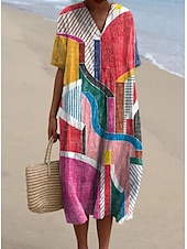 abordables Robes Rayés et Géométriques-Robe Midi pour Femmes Robe d&#039;Été A-Line Lin Vacances Décontractée Plage Sortie Coupe Lâche Imprimé Graphique Géométrique Manches Courtes Col V Rose Bleu Kaki Été