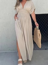 preiswerte Blumenkleider-Damen Langes Kleid Maxikleid Weißes Kleid Freizeitkleid Schwingkleid Sommerkleid Mode Modern Täglich Ferien Strand Normale Passform Einfach Kurzarm V Ausschnitt Burgunderrot Marineblau Braun Aprikose