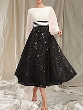 preiswerte Teelänge-A-Linie Brautmutterkleid Hochzeitsgast Elegant Rundhalsausschnitt Tee Länge Chiffon Spitze Lange Ärmeln mit Perlen Rüschen Midi Kleid 2025