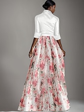 abordables Longueur du plancher-Robe mère de la mariée trapèze, imprimé floral, nœud élégant, plis, longueur au sol, col chemise, satin, manches 3/4 avec boutons, printemps été 2025