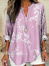 abordables Tops Florales-Mujer Camisa Floral Graphic Vintage Tropical Hawaiano Manga Larga Escote en Pico Tops regulares Diario Festivos Ropa de playa Estampado Rosa Azul Marino Azul Piscina Verde Trébol Caqui Verano