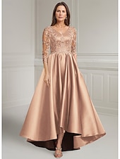 cheap Floor Length-Purple A-Line Mother of the Bride Dress Elegant Vintage V Neck Asymmetrical Satin Long Sleeve with Lace Appliques Solid Color