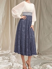 preiswerte Teelänge-A-Linie Brautmutterkleid Hochzeitsgast Elegant Rundhalsausschnitt Tee Länge Chiffon Spitze Lange Ärmeln mit Perlen Rüschen Midi Kleid 2025