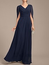 preiswerte Bodenlänge-A-Linie Brautmutterkleid Hochzeitsgast Elegant V Ausschnitt Bodenlang Chiffon Kurzarm mit Falten Raffung 2025