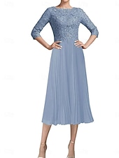 abordables Moins de 129,99 $-Robe Robe de Mère de Mariée  Élégant ancien Simple Col ras du cou Longueur thé Polyester Manche 3/4 avec Dentelle Couleur Unie 2025