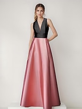 baratos Rosa-Vestido de noite em linha A, elegante, com blocos de cores, costas vazadas, formal, casamento, comprimento até o chão, sem mangas, decote em V, cetim com bolso lateral 2025