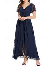 baratos Vestidos para Madrinhas-vestido de madrinha linha a decote em v manga curta elegante renda assimétrica com pregas / franzido 2025