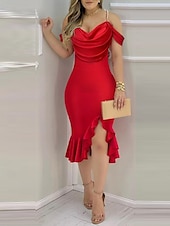 ieftine Bodycon Club Dresses-Pentru femei Rochii Midi Rochie eleganta Elegant Concediu Dată Fit regulat Culoare solidă Manșon scurt Glugă Gât Negru Roșu-aprins Albastru piscină Trifoi Vară