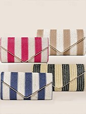 voordelige Clutches &amp; Avondtasjes-dames gestreepte geweven envelop clutch - met ketting, kan op één schouder of crossbody worden gedragen, modieus en veelzijdig, geschikt voor strandfeestjes en dagelijks gebruik zwart rood kaki