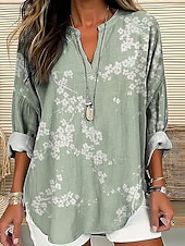 abordables Tops Florales-Mujer Camisa Floral Graphic Vintage Tropical Hawaiano Manga Larga Escote en Pico Tops regulares Diario Festivos Ropa de playa Estampado Rosa Azul Marino Azul Piscina Verde Trébol Caqui Verano