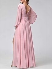 economico Abiti da damigella-abito da damigella a trapezio scollo a V manica lunga elegante lunghezza pavimento in chiffon con pieghe / spacco frontale / arricciatura 2025