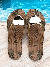 baratos Sandálias de Férias-chinelos femininos em formato de coração – sandálias de praia casuais douradas metálicas com estampa tropical para uso no verão, na piscina e nas férias