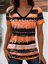 billige Stripe og geometrisk t-skjorte-Dame T skjorte hav Stripet Fritid Kortermet V-hals Vanlige topper Daglig Ut på byen Helg Trykt mønster Gul Rosa Blå Lilla Oransje Sommer