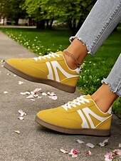 abordables Baskets femme-Baskets basses rétro jaunes pour femmes - Chaussures décontractées à lacets vintage, confortables au quotidien pour un style urbain et extérieur
