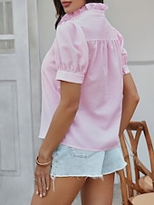 voordelige Dames eenvoudige tops-Dames Overhemd Gestreept Stijlvol Casual Korte mouw Overhemdkraag Normale tops Dagelijks Ruche Knop Afdrukken Wit Blozend Roze blauw Groen Zomer