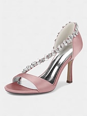 abordables Sandales de Robe-Escarpins à talons hauts en satin champagne pour femmes avec bride en T en cristal – élégants talons aiguilles à bout ouvert pour cocktails et événements formels