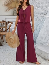 cheap Sets-Women&#039;s Active Basic Linen-Inspired Sets Two Piece Sets Vest Sleeveless V Neck Solid Color Lace up Casual Daily White Wine Dark Navy Summer Regular Fit