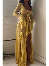 levne Boho šaty-Dámské Dlouhé šaty Maxi šaty Boho šaty Módní Dovolená Rande Jdeme ven Běžný Bez vzoru Dlouhý rukáv Do V Světle žlutá Léto