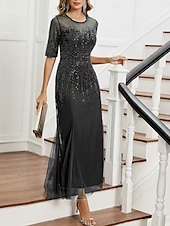 cheap Under $129.99-Dress Mother of the Bride Dress Elegant Party Black Dress Crew Neck Floor Length Polyester Half Sleeve with Sequin 2025