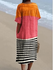 abordables Robes Rayés et Géométriques-Robe midi féminine robe d&#039;été robe en A lin vacances décontractée plage sortie coupe ample graphique géométrique à manches courtes col en V blanc rose rouge khaki été