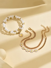 cheap Women&#039;s Bracelet-&quot;Boho Daisy Pearl Bracelet Set for Women – Gold Chain &amp; Beaded Layered Bracelets, Cute Floral Jewelry for Summer, Beach, Festivals and Casual Wear&quot;