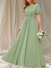 baratos Vestidos para Madrinhas-Vestido de dama de honra em linha A, gola redonda, manga curta, elegante, comprimento até o chão, chiffon com faixa / fita / franzido 2025