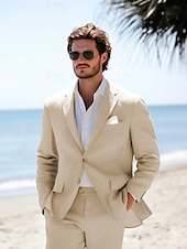 cheap Wedding Suits-Men&#039;s Beach Wedding Linen Suits Khaki Half Lined Lightweight Casual Summer Solid Colored Standard Fit 2 Piece Single Breasted Two-buttons