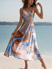 tanie Sztuka i projektowanie sukien-Damskie Sukienka maxi Codzienne sukienki Sukienka A line Sukienka na ramiączkach Elegancja Urlop Elegancki Codzienny Regularny Ombre Abstrakcja Marmurowy nadruk Bez rękawów W serek Czerwonobrązowy