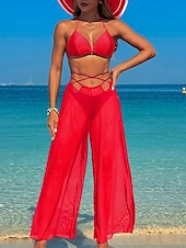 abordables Ensemble bikini 3 pièces-Femmes Maillots de Bain Bikini Trois Pièces Maillot de bain Dos nu Tropical Tenues de plage Uni Fil en V Sans manches Maillots de bain