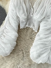 billiga Dressiga toppar-Dam Blus Chiffong toppar Slät Stylish Långärmad Puffärm V-hals Crop Tops Helgdag Utekväll Rynkad Svart Vit Purpur Grön Vår
