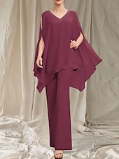 baratos Comprimento do chão-Macacão  Vestido de Calça Mãe da Noiva Vestido Convidada de Casamento Elegante Decote em V Comprimento do Chão Chiffon Manga Longa com Aplicações