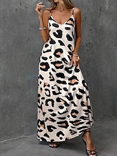 cheap Art&amp;Design Dress-Women&#039;s Maxi Dress Sundress A Line Dress Slip Dress Vacation Casual Daily Regular Fit Graphic Leopard Sleeveless V Neck Brown Summer Spring