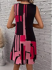 cheap Stripe&amp;Geometric Dress-Women&#039;s Mini Dress Summer Dress Vacation Casual Beach Vacation Daily Beach Loose Fit Graphic Striped Geometry Sleeveless Crew Neck Dark Pink Brown Summer Spring