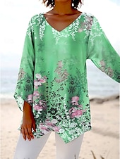 billiga Blommiga toppar-Damblus lång ärm asymmetrisk fåll blommig grafisk elegant hawaiiansk stil kort ärm V-ringad vanliga toppar vardag helg utgående tryck blå lila orange grön sommar vår