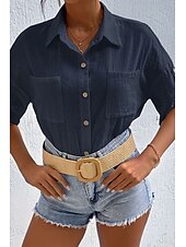 preiswerte Hemden-Damen Hemd Baumwoll-Leinen-Hemden Knopfleiste Bluse Einfach Basic Lässig Kurzarm Hemdkragen Normale Oberteile Ferien Ausgehen Knöpfe Tasche Schwarz Weiß Marineblau Khaki Grau Sommer