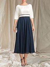 preiswerte Teelänge-A-Linie Brautmutterkleid Hochzeitsgast Elegantes Rundhals Tee-Länge Chiffon Satin Halbarm mit Perlen Raffung Midi Kleid 2025