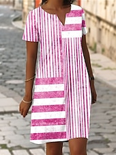 preiswerte Streifen- und geometrisches Kleid-Damen Mini-Kleid Shift Kleid Freizeit Täglich Reguläre Passform Grafik Streifen Kurzarm Eingekerbter Ausschnitt Rosa Blau Grau Sommer Frühling