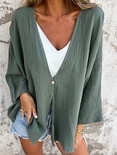 preiswerte Hemden-Damen Hemd Leinen-inspirierte Hemden Knopfleiste Bluse Einfach Basic Modern Langarm V Ausschnitt Normale Oberteile Täglich Ferien Knöpfe Schwarz Orange Braun Grün Beige Sommer