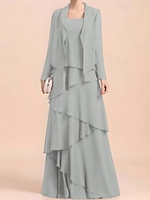 economico Con giacca-Abito A-Line 3 Pezzi per la madre della sposa Abito formale Elegante Vintage Semplice Girocollo Lunghezza fino al pavimento Chiffon Senza maniche Giacca con perline