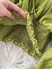 billiga Dressiga toppar-Dam Blus Chiffong toppar Slät Stylish Långärmad Puffärm V-hals Crop Tops Helgdag Utekväll Rynkad Svart Vit Purpur Grön Vår