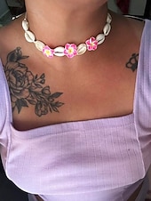 cheap Women&#039;s Necklace-Handmade Cowrie Shell Necklace with Plumeria Flowers – Boho Hawaiian Beach Jewelry for Women, Adjustable Summer Surfer Choker, Tropical Vacation &amp; Festival Accessory