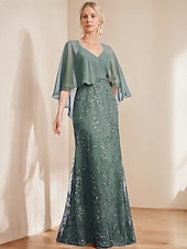 abordables Longueur du plancher-robe trapèze robe mère de la mariée élégante scintillante&amp;amp;Robe longue en mousseline de soie à col en V et manches courtes avec paillettes en dentelle 2025