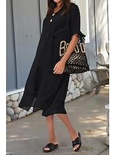 abordables Robes-Femmes Robe Midi Robes inspirées du lin Robe en coton et lin Mode Basique Moderne Quotidien Fête Week-end Coupe régulière Uni Manche Courte Col en V Noir Blanche Bleu de minuit Été
