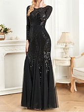 economico NERO-Abito madre della sposa abito elegante festa collo a giro lunghezza a terra cotone misto maniche lunghe con paillettes 2025