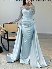 cheap CHAMPAGNE-Mermaid Sequin Evening Gown Ruched Champagne Satin Dress Long Sleeves Masquerade Floor Length Illusion Neck with Pearls Overskirt dress 2025