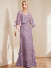 abordables Longueur du plancher-robe trapèze robe mère de la mariée élégante scintillante&amp;amp;Robe longue en mousseline de soie à col en V et manches courtes avec paillettes en dentelle 2025