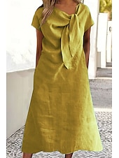 abordables concevoir des robes en coton et lin-Femmes Robe Midi Robes inspirées du lin Robe en coton et lin Mode Classique Extérieur Fête Week-end Coupe régulière Uni Manche Courte Col ras du cou Jaune Orange Vert Kaki Été