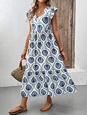 preiswerte Boho Kleider-Damen Maxikleid A-Linien-Kleid Fit and Flare Kleid Lässig Boho Urlaub Täglich Regelmäßige Passform Grafik Ärmellos V-Ausschnitt Blau Sommer